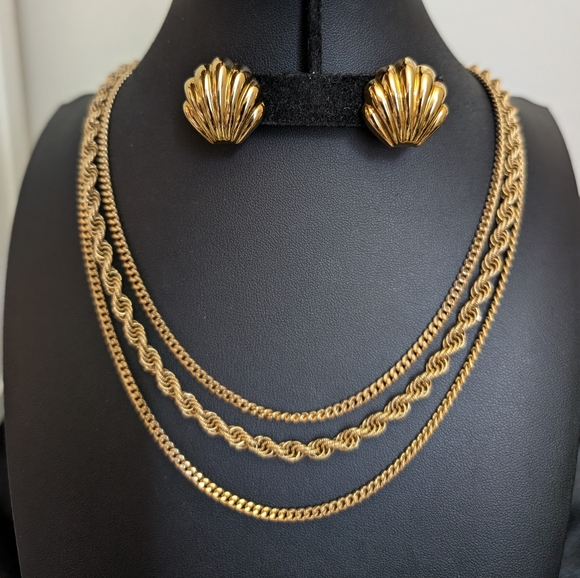 Jewelry - #94 Vintage Monet Three Strand Gold Necklace & Earrings. With Very Small Bangle